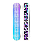 Top and bottom view of a snowboard.The top view shows the text “hydrogen” in overlapping blue, pink
          and black font. The bottom view is a purple to blue gradient with white geometric pattern overlay.